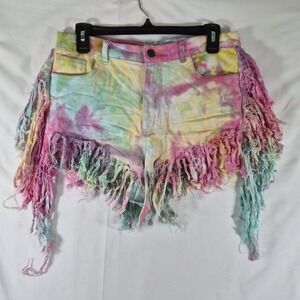 Y2K Pastel Fringe Denim Shorts Womens Festival Rave Boho Fairycore